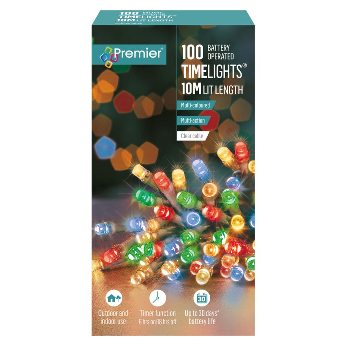 100 LED Multi Action Battery Operated TIMELIGHTS™ - Multi/Clear Cable