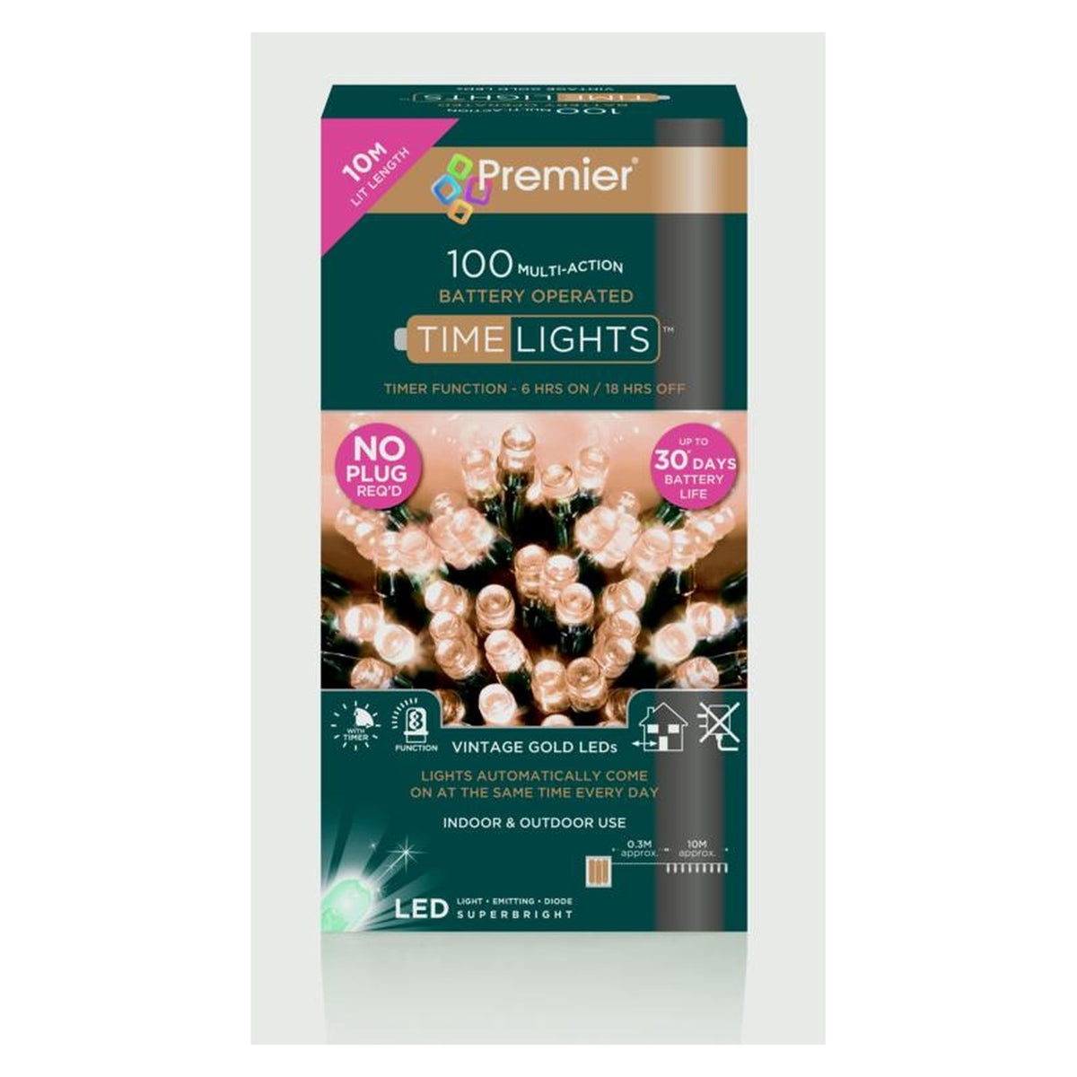 100 LED Multi Action Battery Operated TIMELIGHTS™ - Vintage Gold/Green Cable
