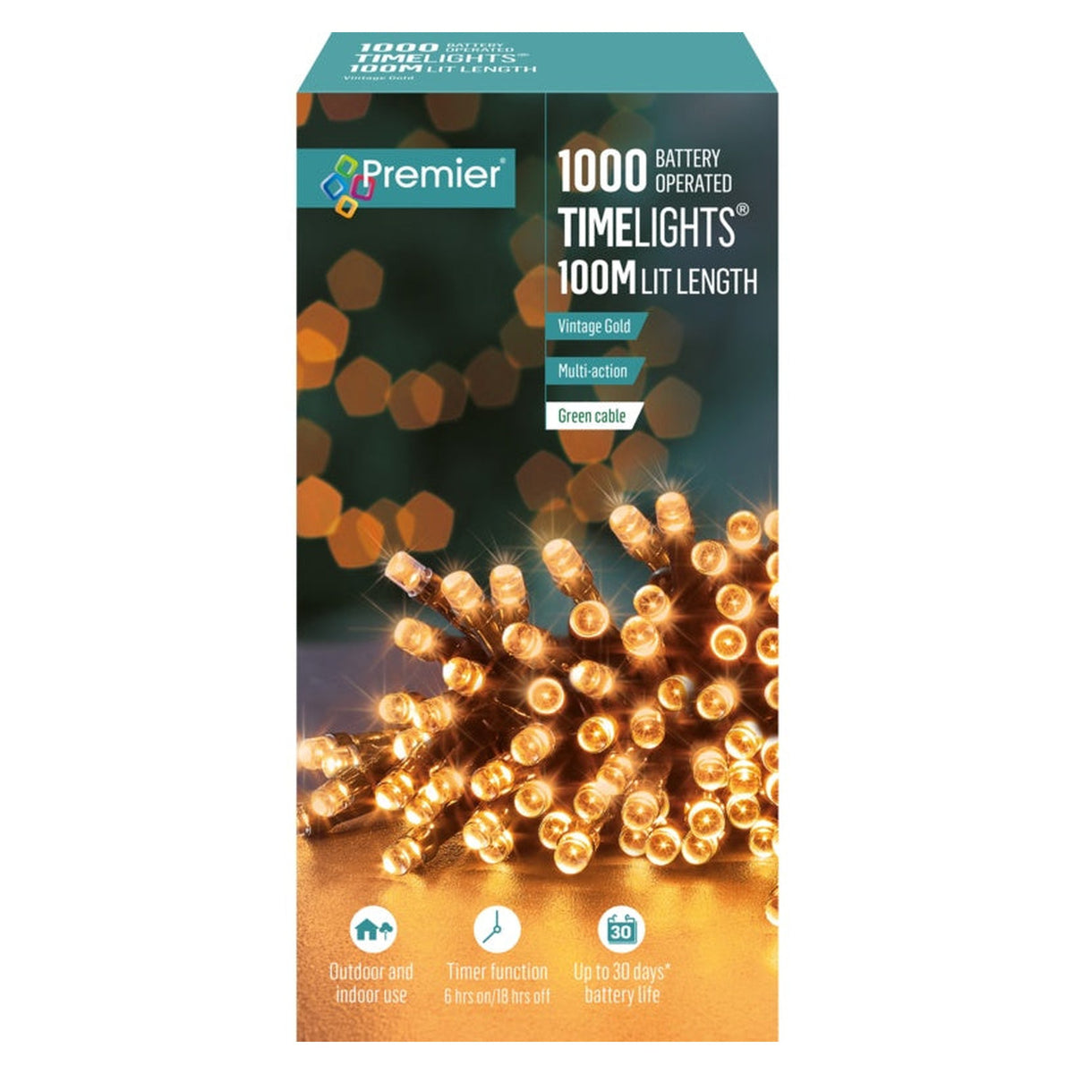 1000 LED Multi Action Battery Operated TIMELIGHTS™ - Vintage Gold/Green