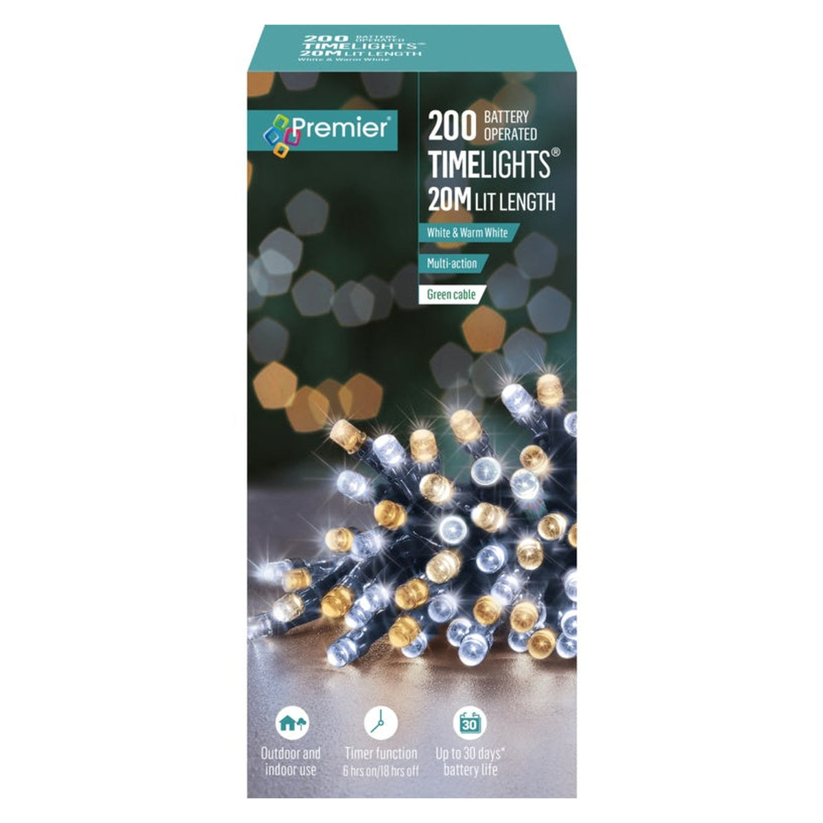 200 LED Multi Action Battery Operated TIMELIGHTS™ - White/Warm White/Green Cable