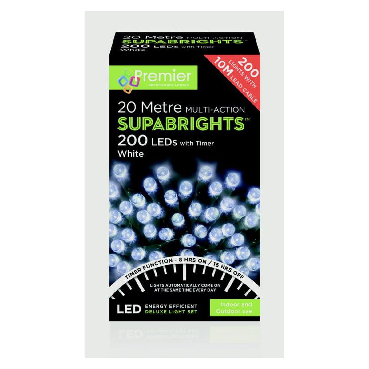 200 LED Multi Action Supabrights With Timer - White/Green Cable