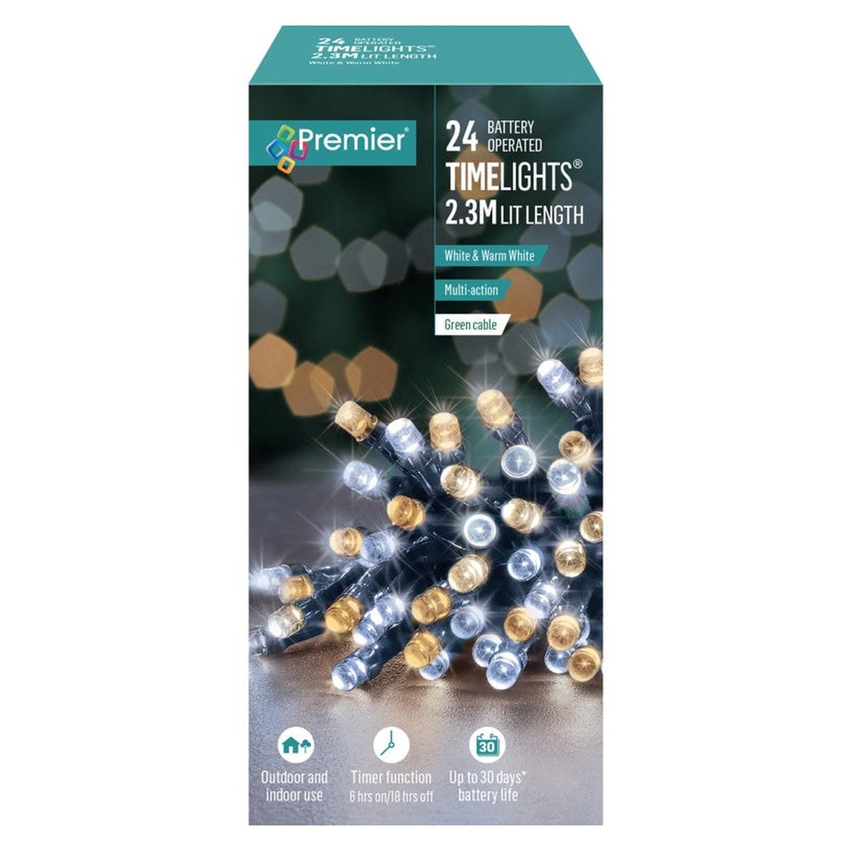 24 LED Multi Action Battery Operated TIMELIGHTS™ - White/Warm White/Green Cable