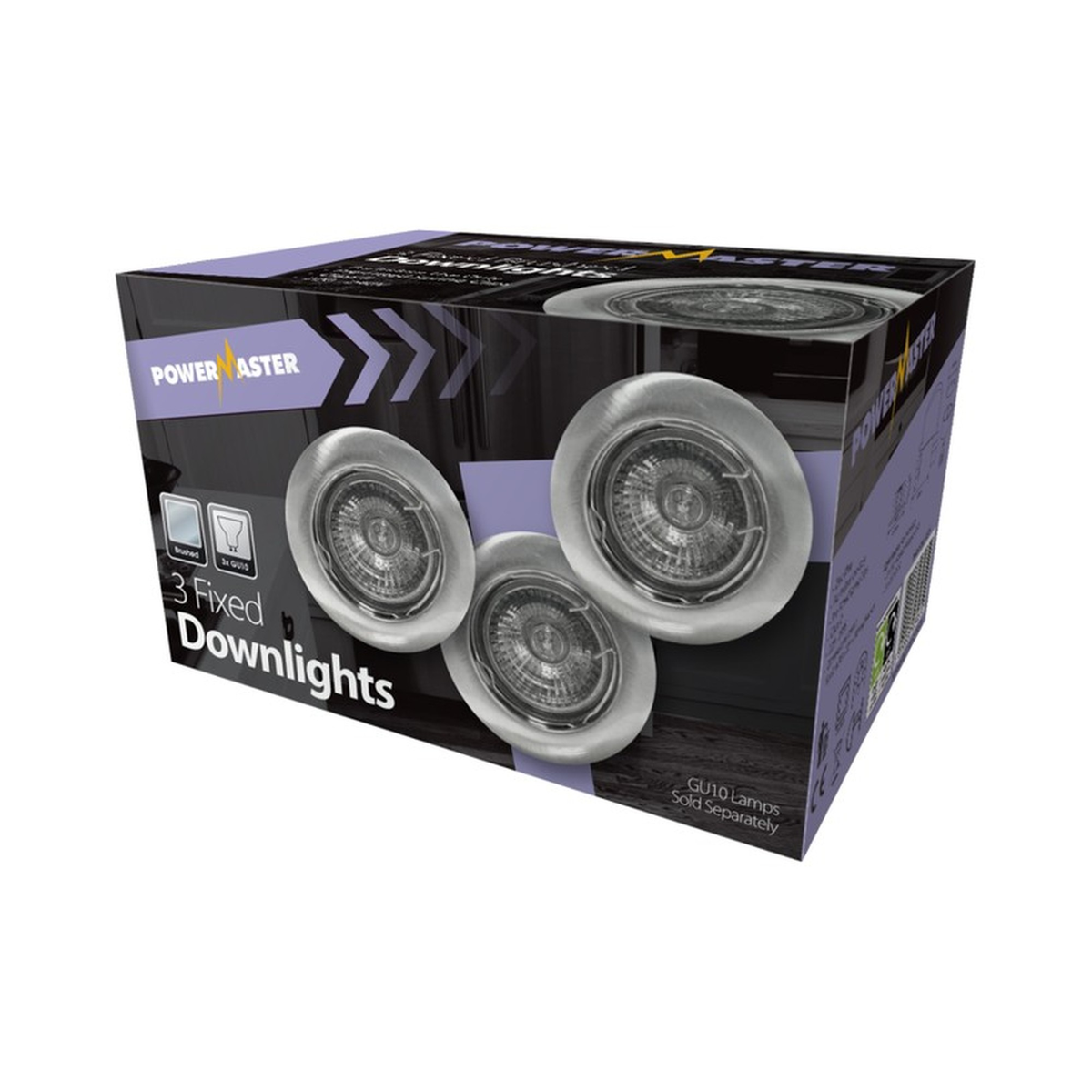 Powermaster Fixed GU10 Downlight Brushed Chrome Pack of 3