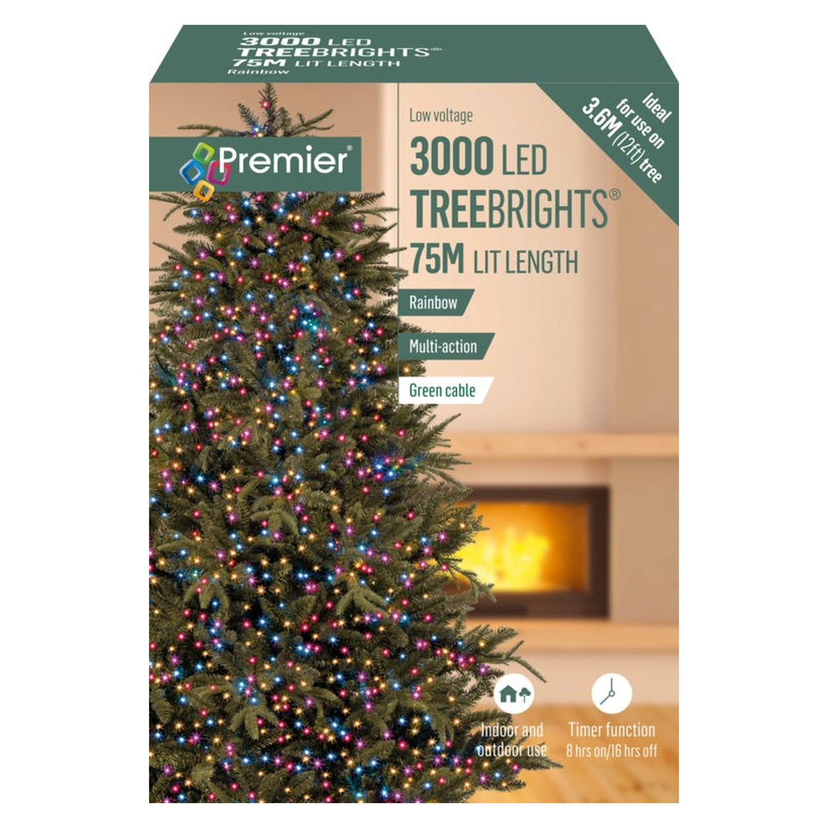3000 LED Multi Action Treebrights With Timer - Rainbow/Green Cable