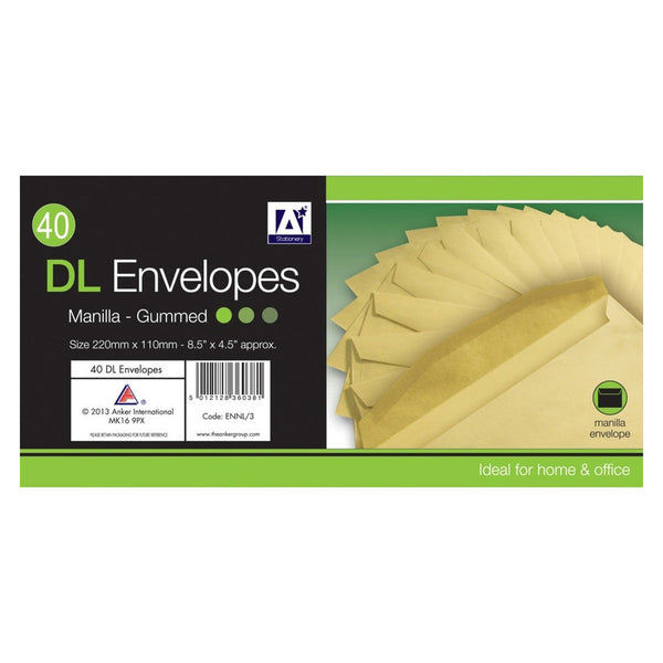 A Star DL Gummed Manila Envelopes - 220 x 110mm, Pack of 30