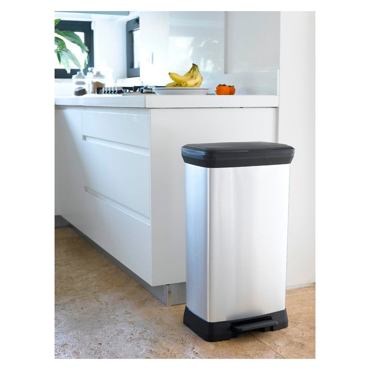 Curver Deco Pedal Bin, Black and Silver, 50L