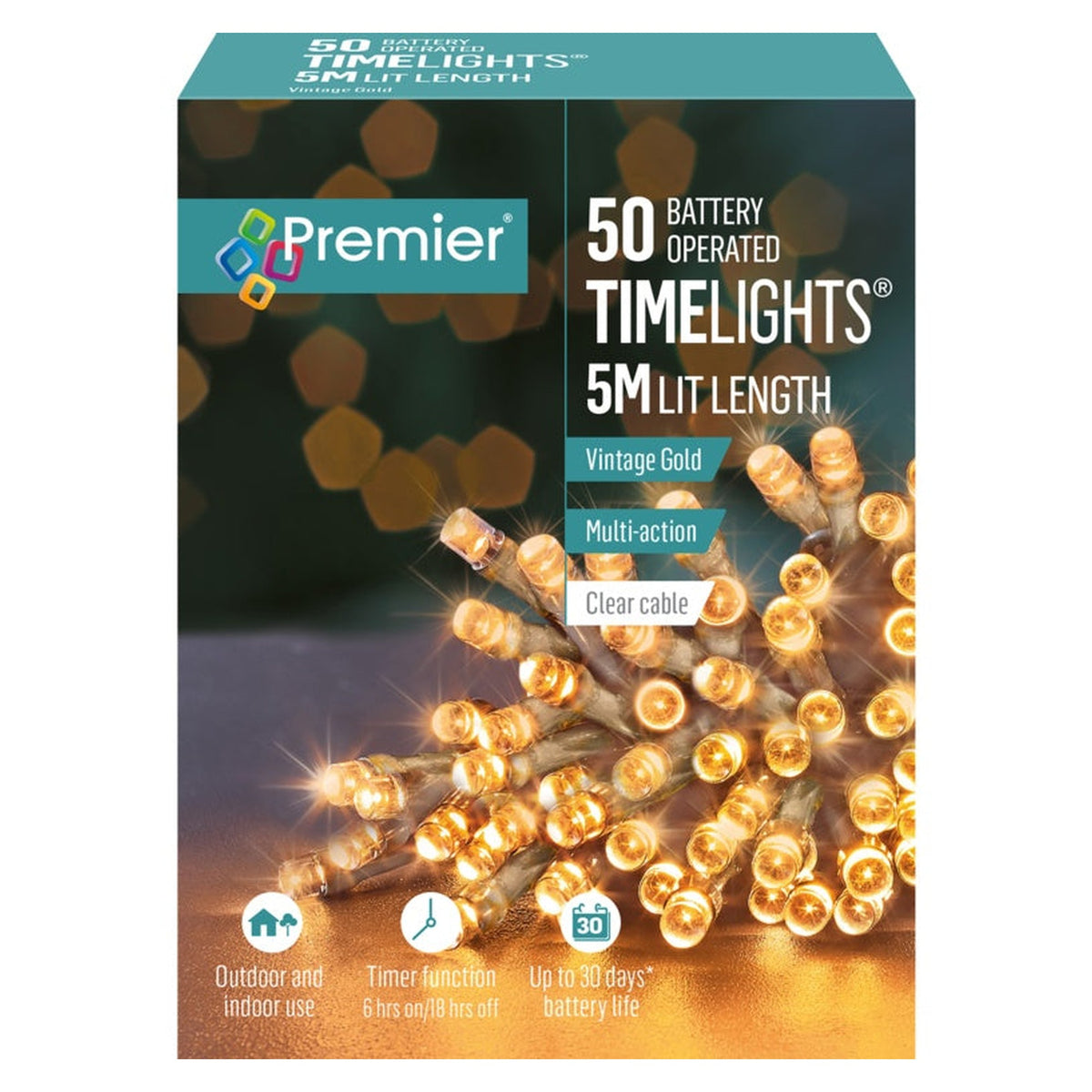 50 LED Multi Action Battery Operated TIMELIGHTS™ - Vintage Gold/Clear Cable