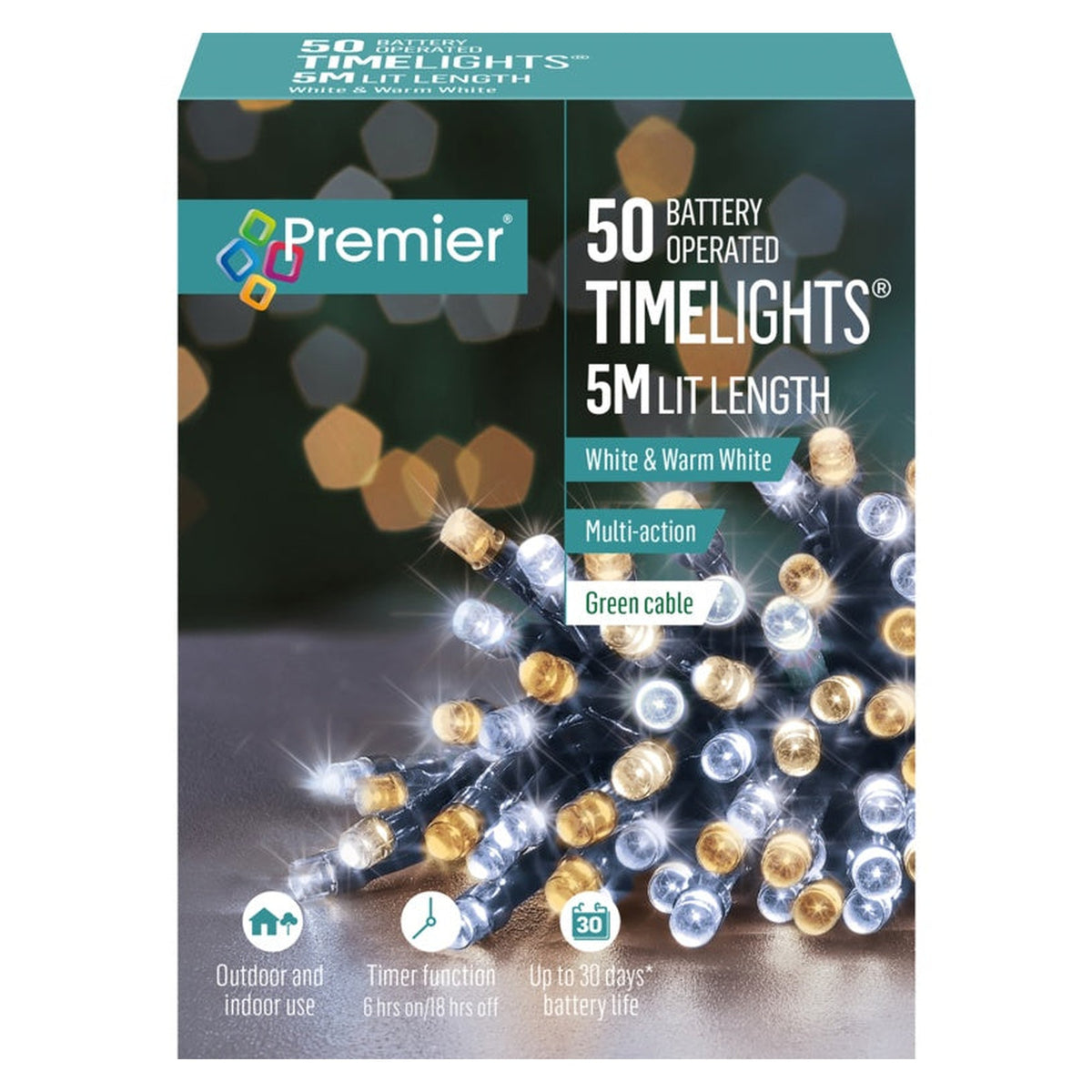 50 LED Multi Action Battery Operated TIMELIGHTS™ - White/Warm White/Green Cable