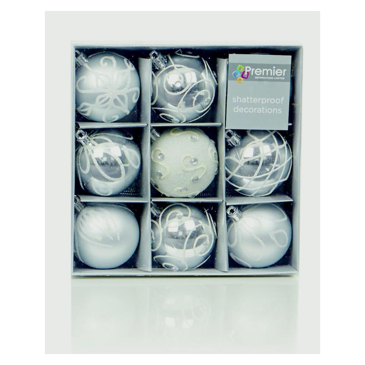 60mm Decorated Balls Pack 9 - Silver