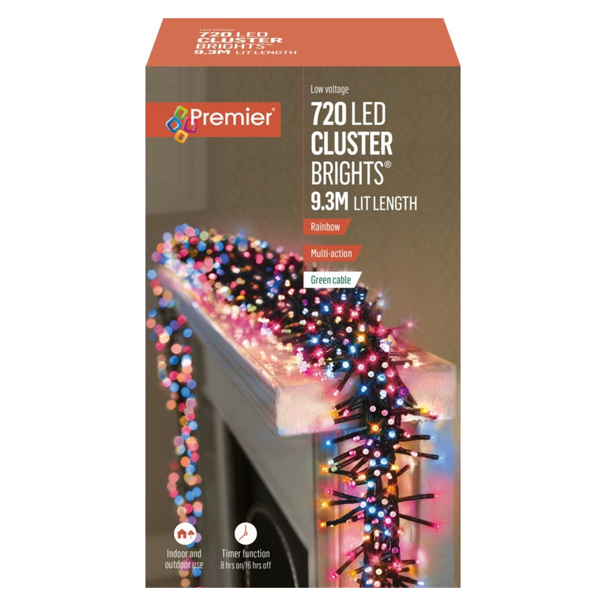 720 LED Multi Action Cluster Brights With Timer - Rainbow/Green Cable