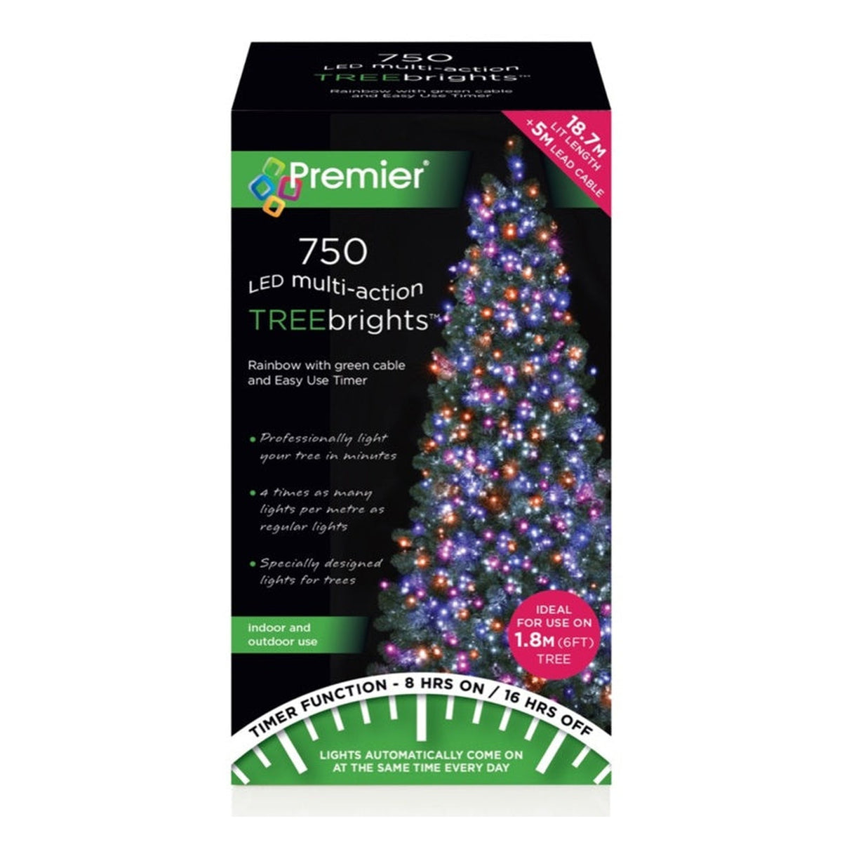 750 LED Multi Action Treebrights With Timer - Rainbow /Green Cable