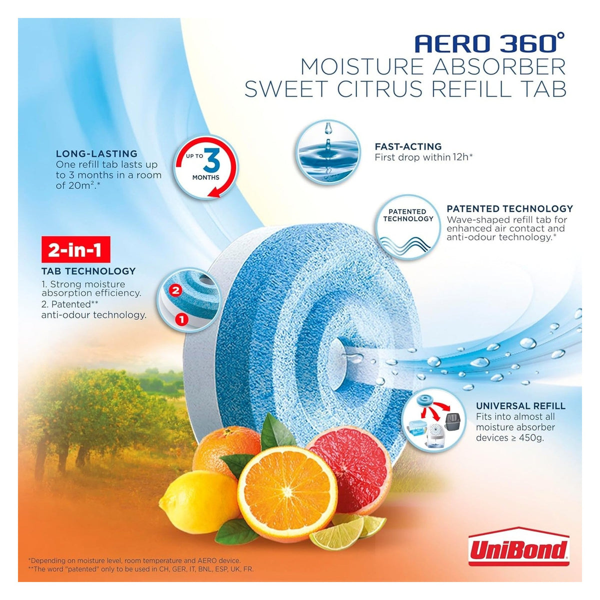 UniBond Aero 360 Moisture Absorber Refill Tabs, Citrus, Pack of 2