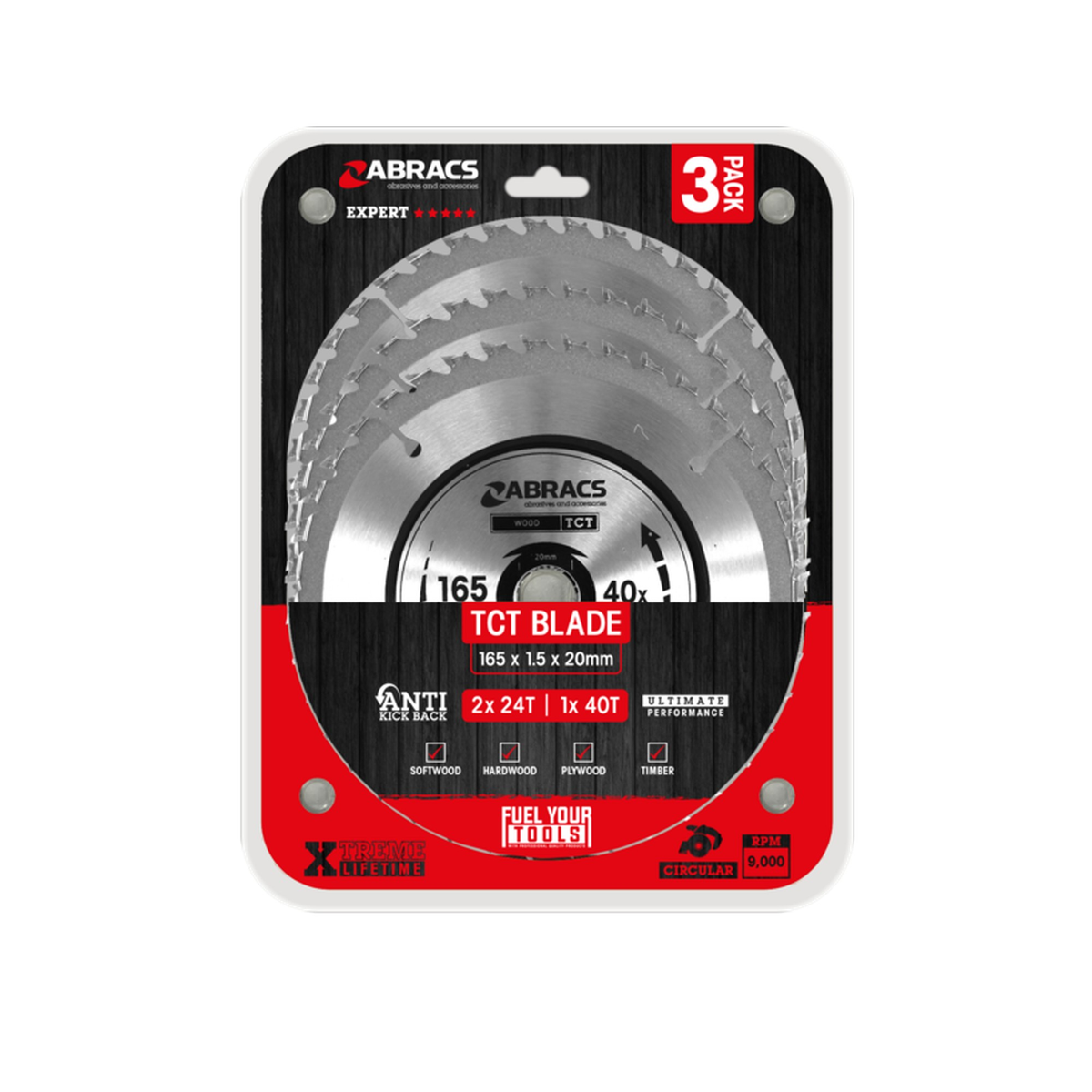 Abracs 165mm circular saw blades, 20mm bore, pack of 3