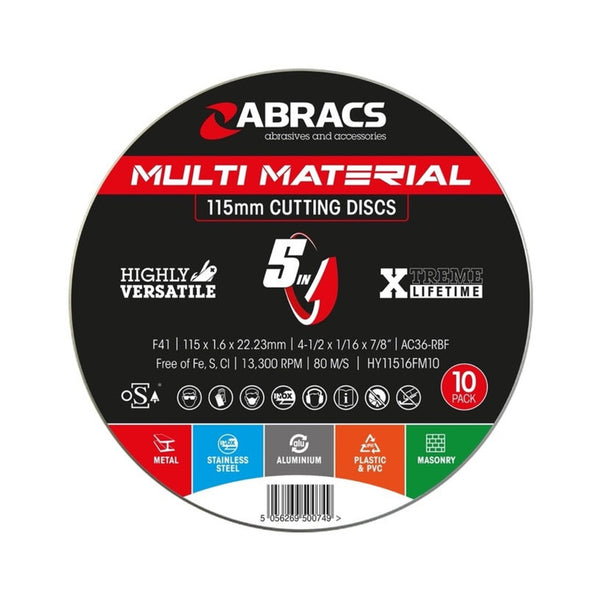 Abracs 5 in 1 115mm cutting discs, tin of 10