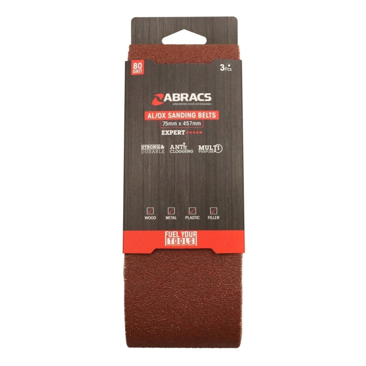 Abracs aluminium oxide sanding belt, 75 x 457mm, 80 grit