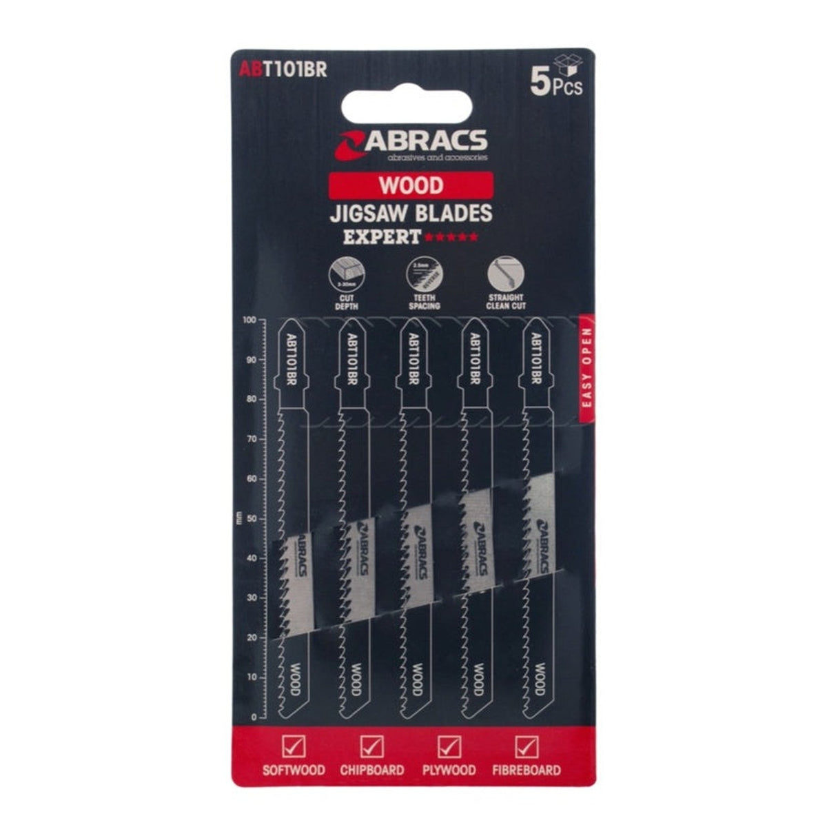 Pack of 5 Abracs 100mm jigsaw blades for wood