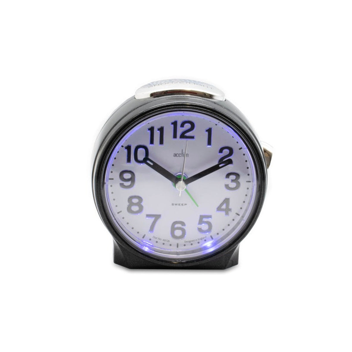 Acctim Eden sweep alarm clock in pearl black, view 2