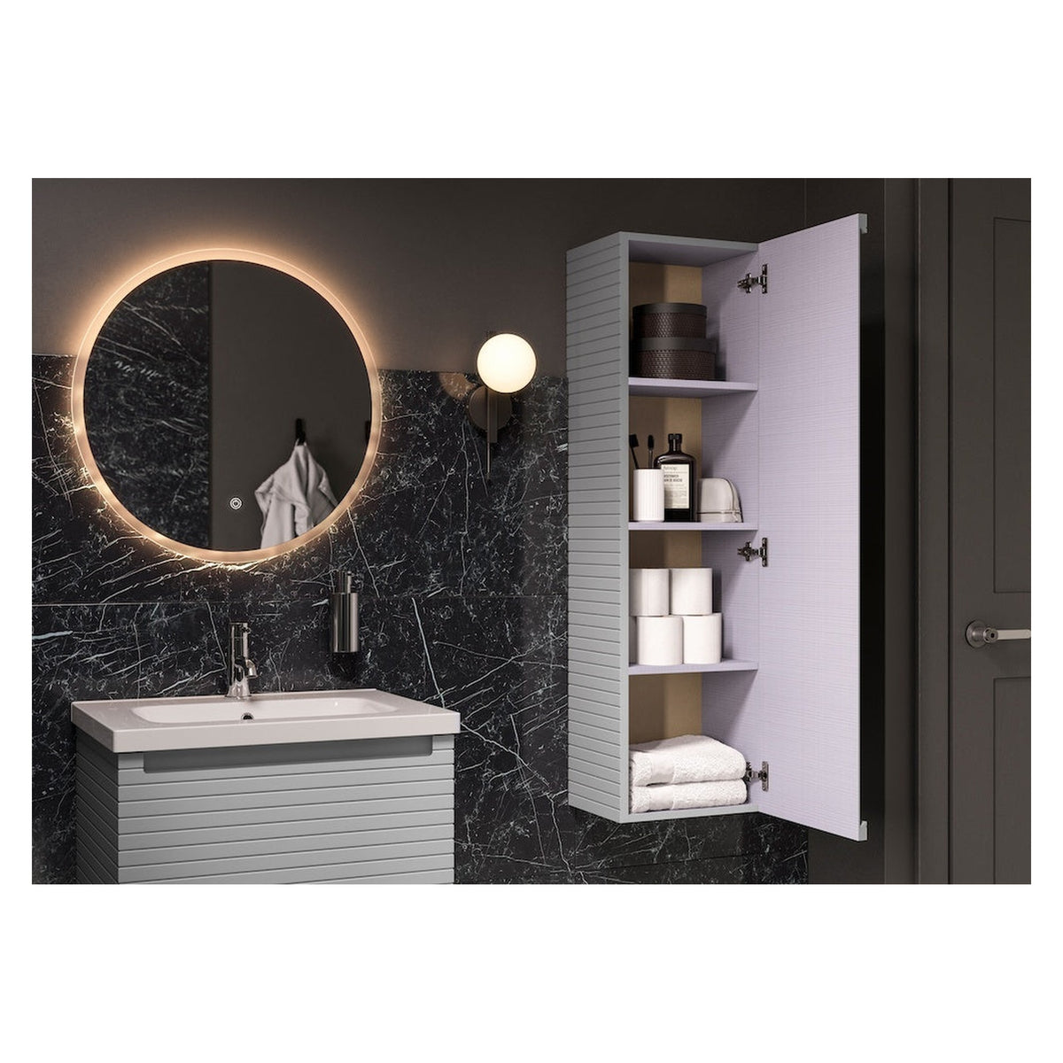 Align wall hung basin unit and tall wall unit, view 2