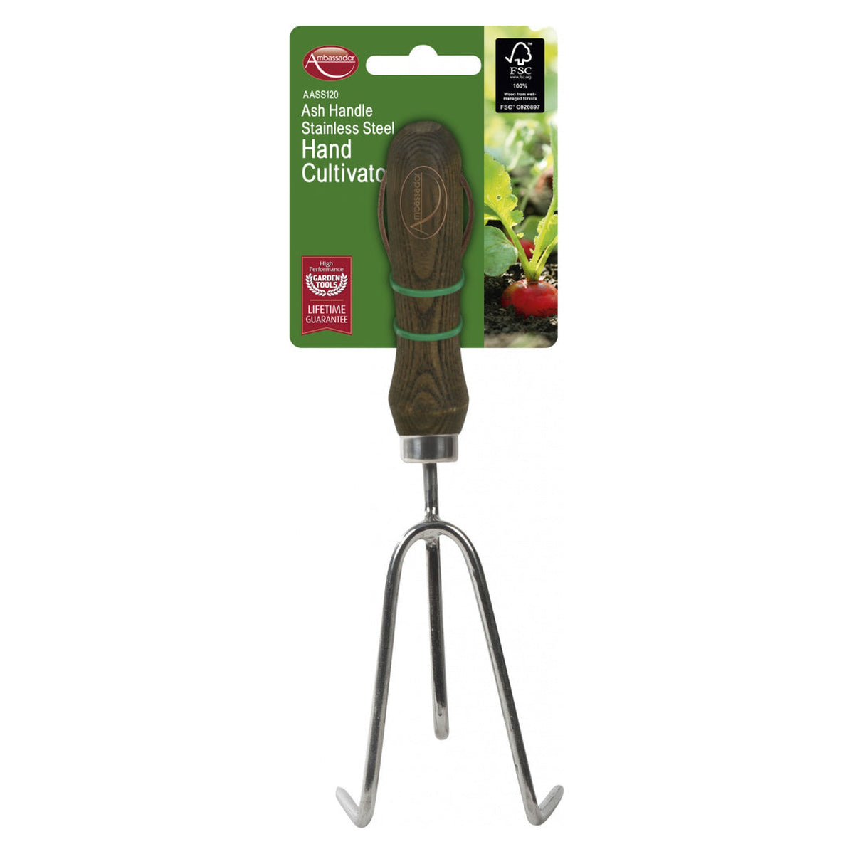 Ambassador stainless steel hand cultivator with ash handle