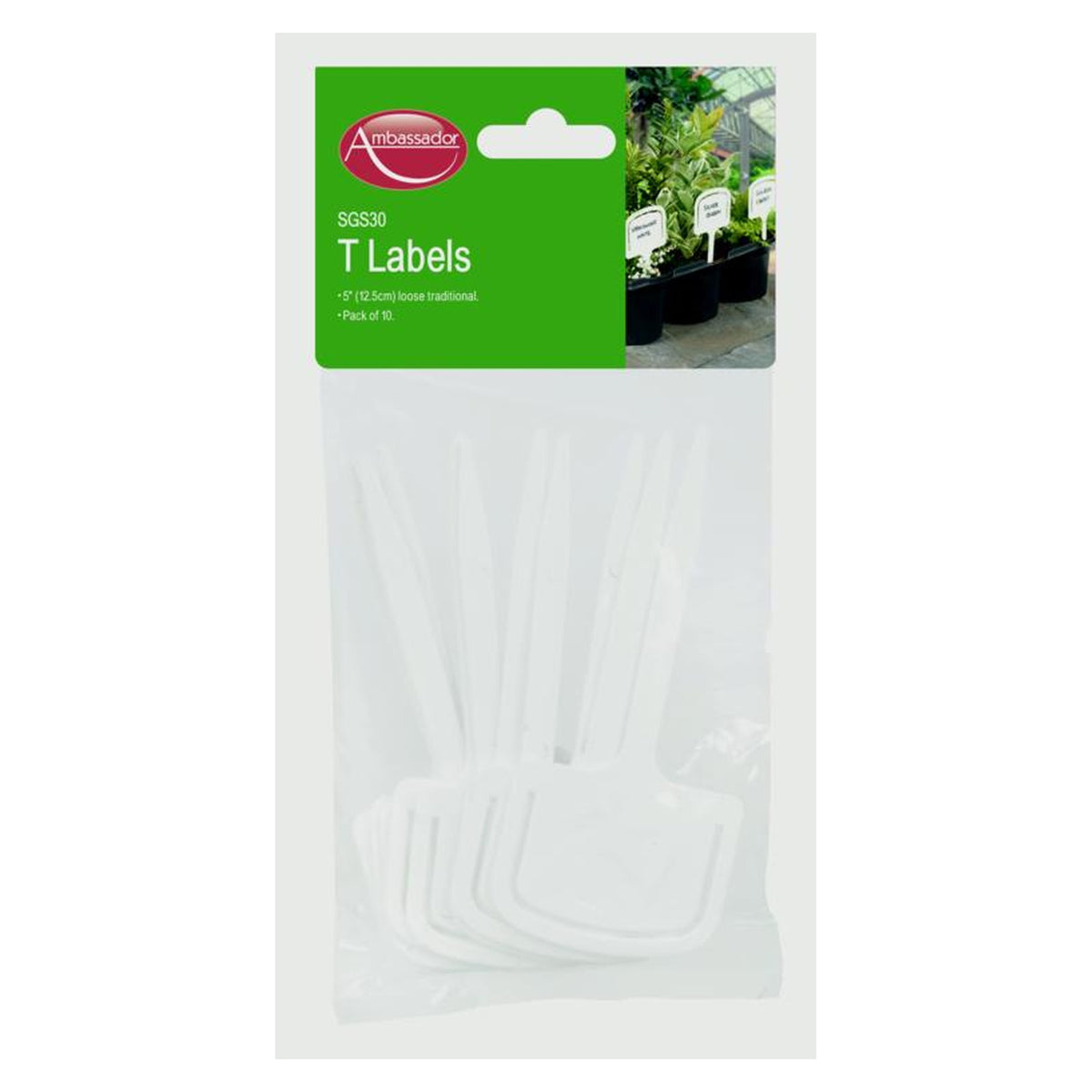 Ambassador white plastic T labels, 5 inch, pack of 10