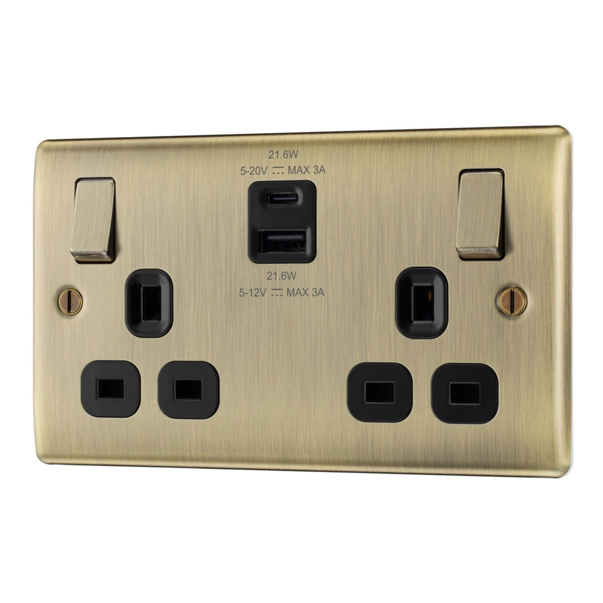 Antique Brass Double Switch Power Socket - 13amp