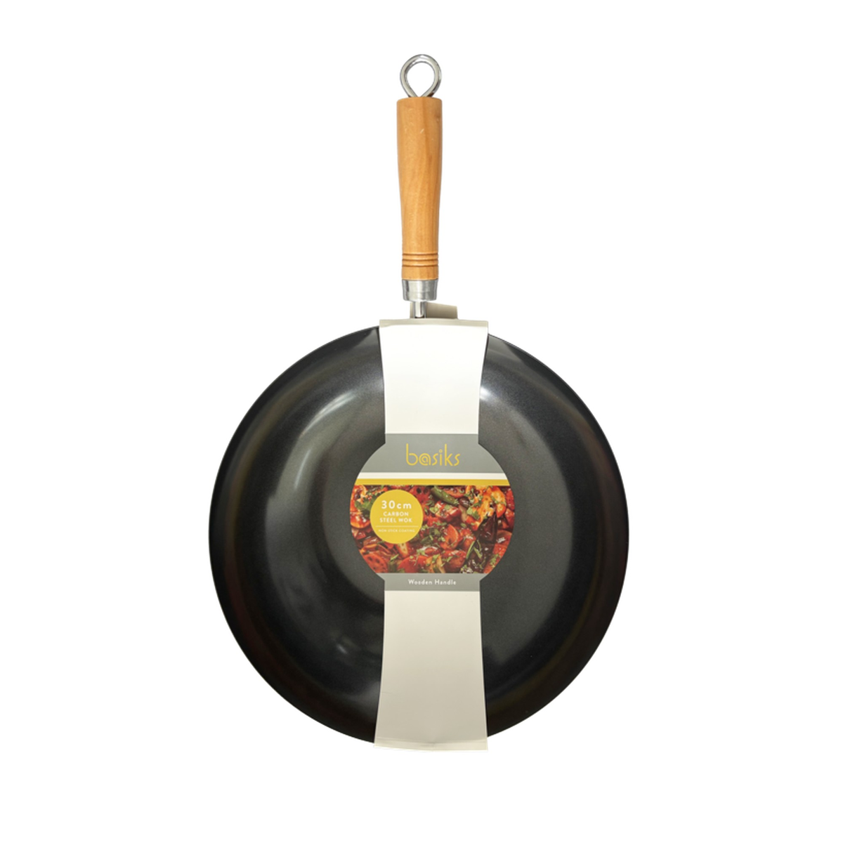 Basiks 30cm carbon steel wok with wooden handle, view 2