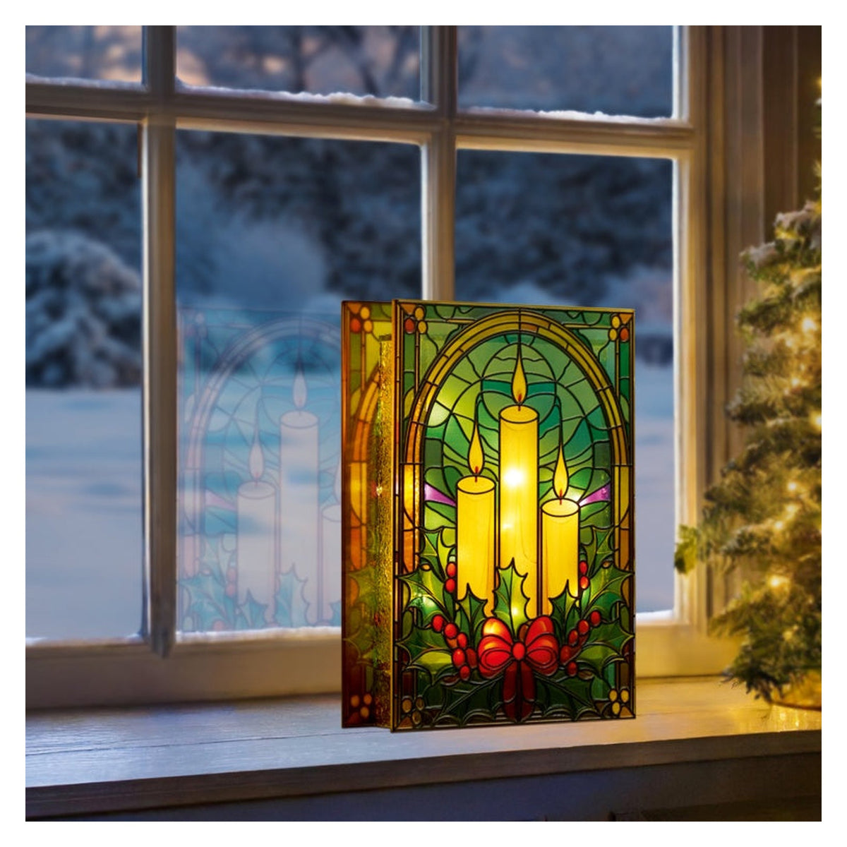 Battery Operated Lit Candles & Holly Glass Table Top 50 Warm White LEDs - 21x13, view 2