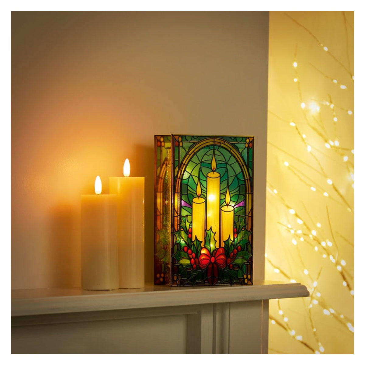 Battery Operated Lit Candles & Holly Glass Table Top 50 Warm White LEDs - 21x13, view 3