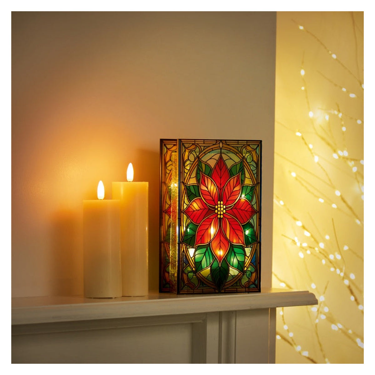 Battery Operated Lit Poinsettia Glass Table Top 50 Warm White LEDs - 21x13, view 2