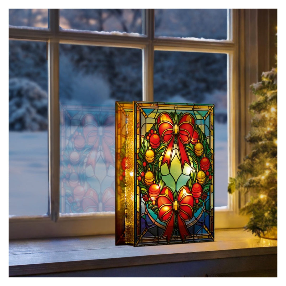 Battery Operated Lit Wreath Glass Table Top 50 Warm White LEDs - 21x13, view 2