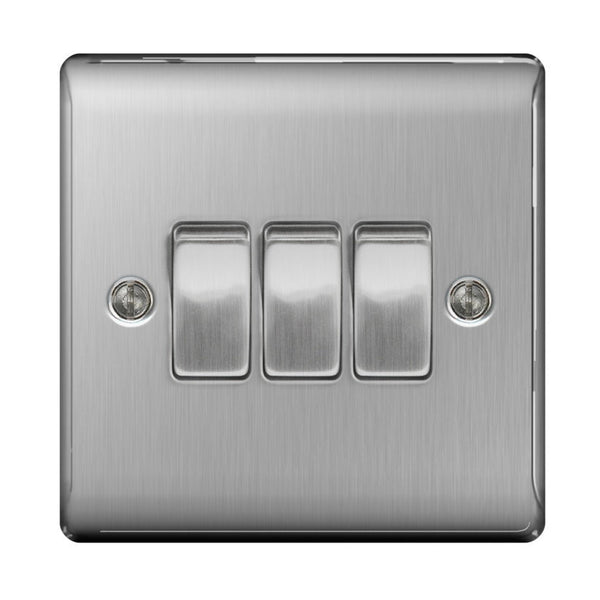 BG brushed steel 3 gang 2 way plate switch