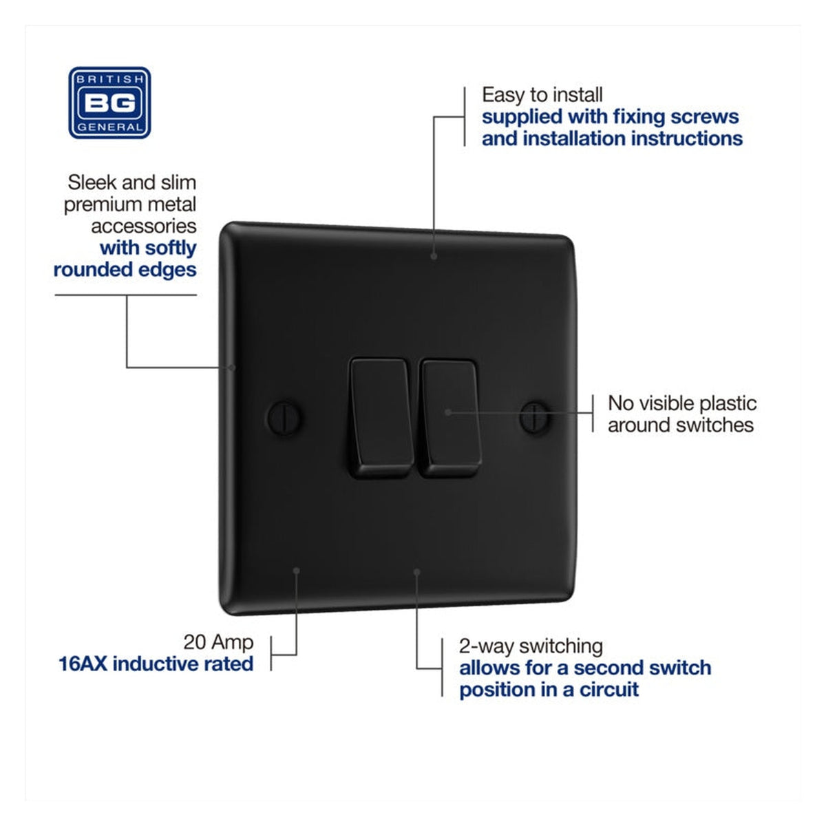 BG matt black 20A double 2 way light switch, view 5