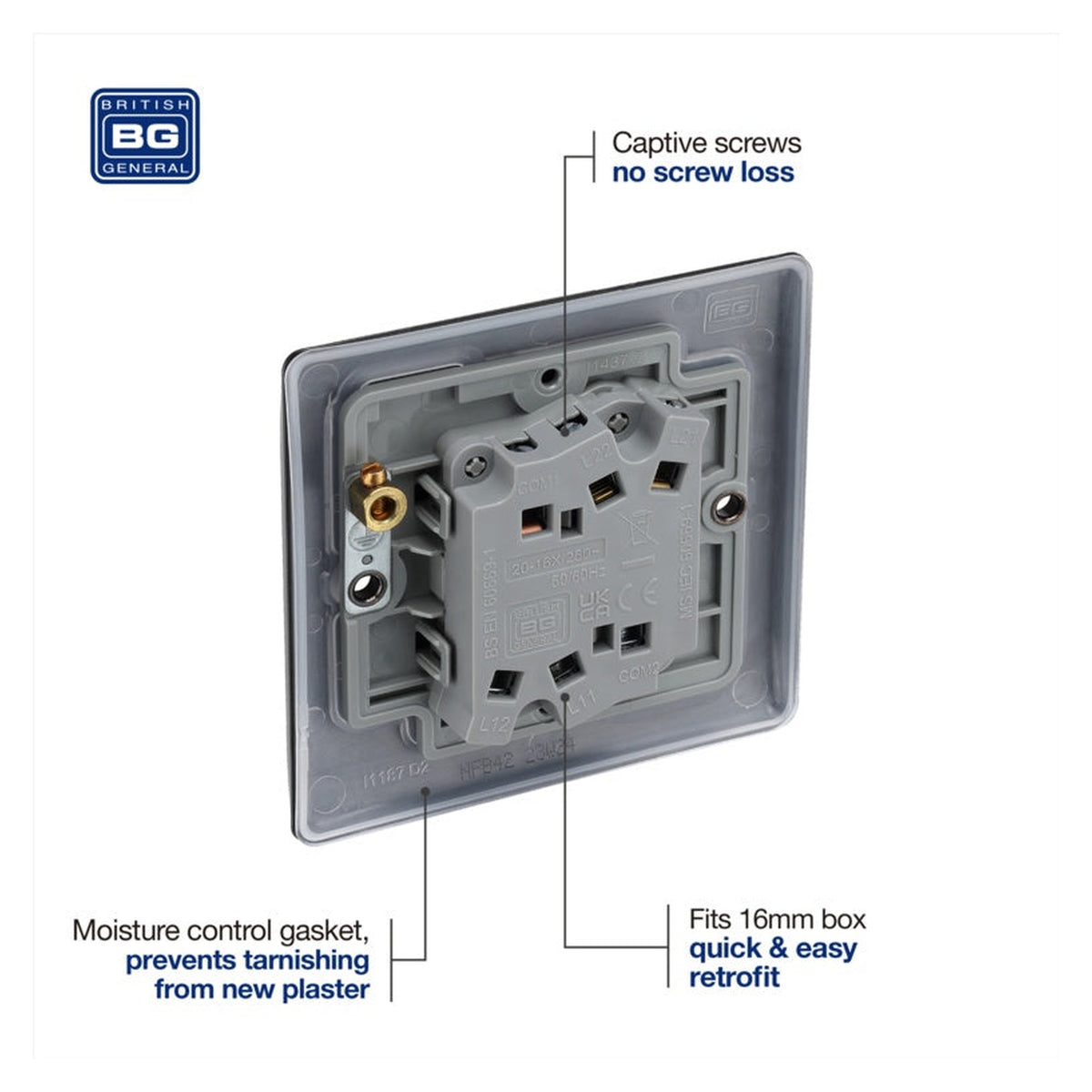 BG matt black 20A double 2 way light switch, view 6