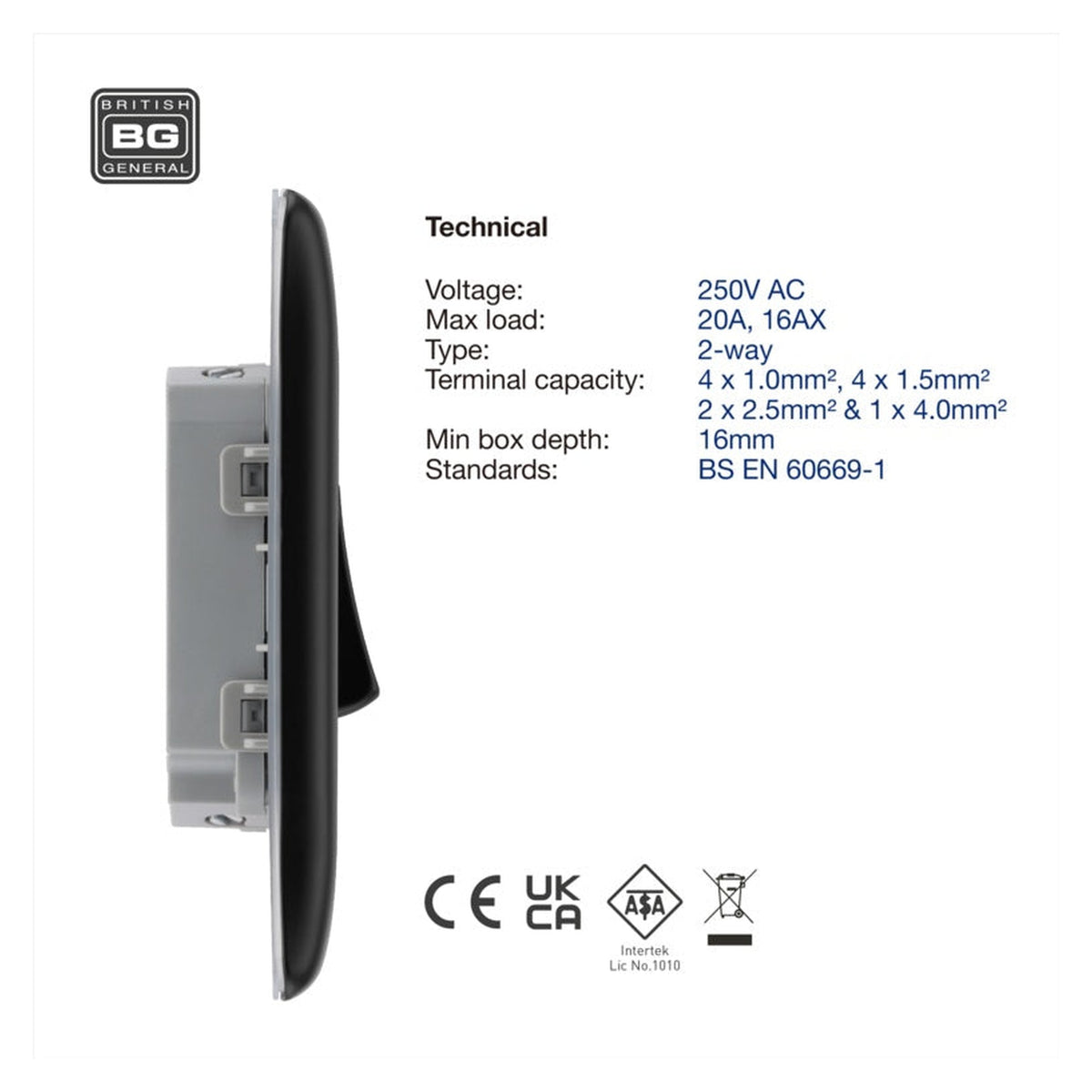 BG matt black 20A double 2 way light switch, view 7