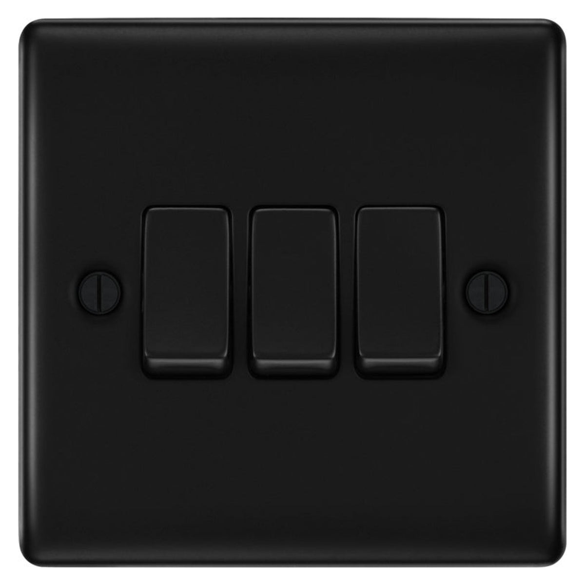BG matt black triple 2 way light switch, view 2