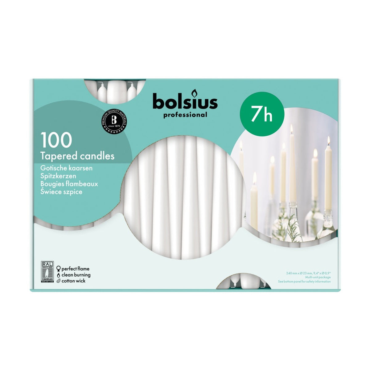 Bolsius white tapered candles box of 100
