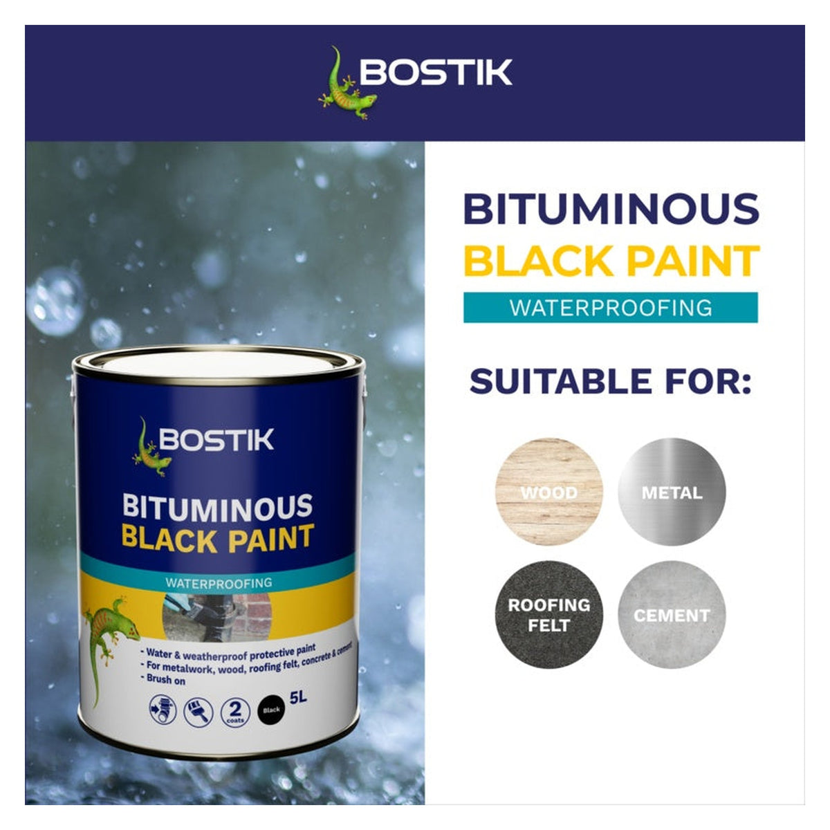 Bostik bituminous black paint 5L tin, view 2