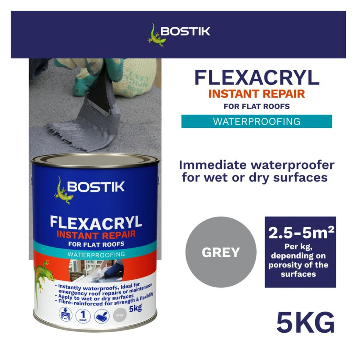 Bostik Flexacryl Instant Repair 5kg tub in grey, view 6