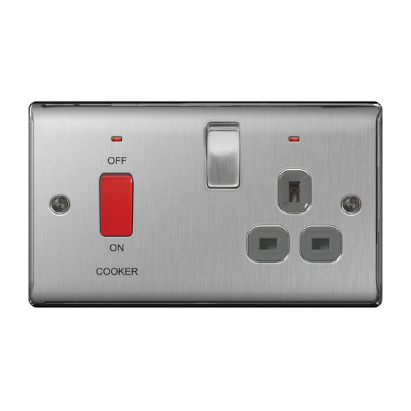 BG brushed steel 13A double pole switched neon socket