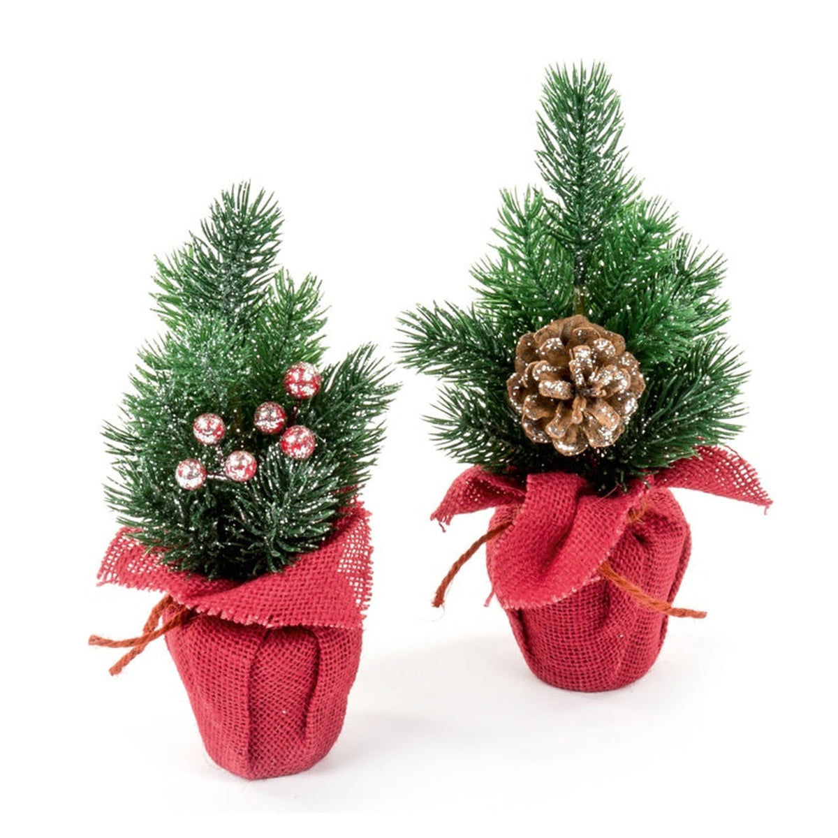 Burlap Table Tree With Berries & Cones - Red 22cm