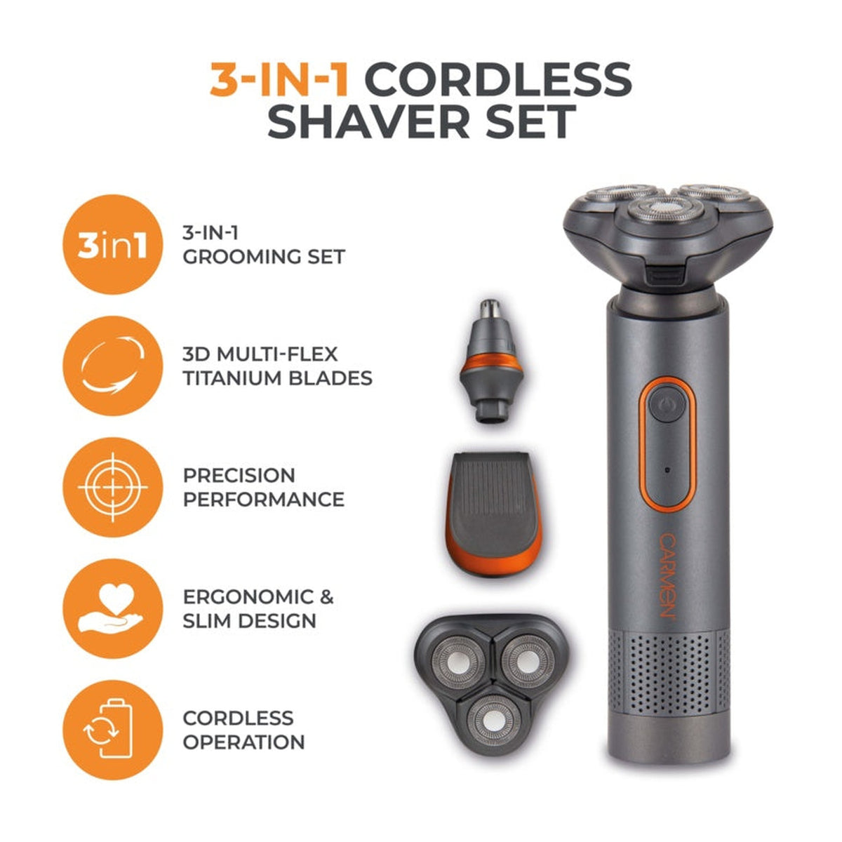 Carmen Titan Titanium 3 in 1 cordless grooming set, view 2