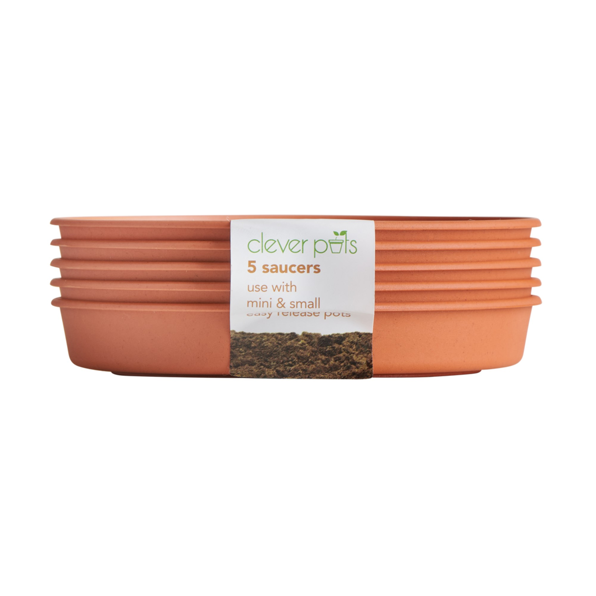 Pack of five Clever Pots 9cm terracotta saucers, view 2