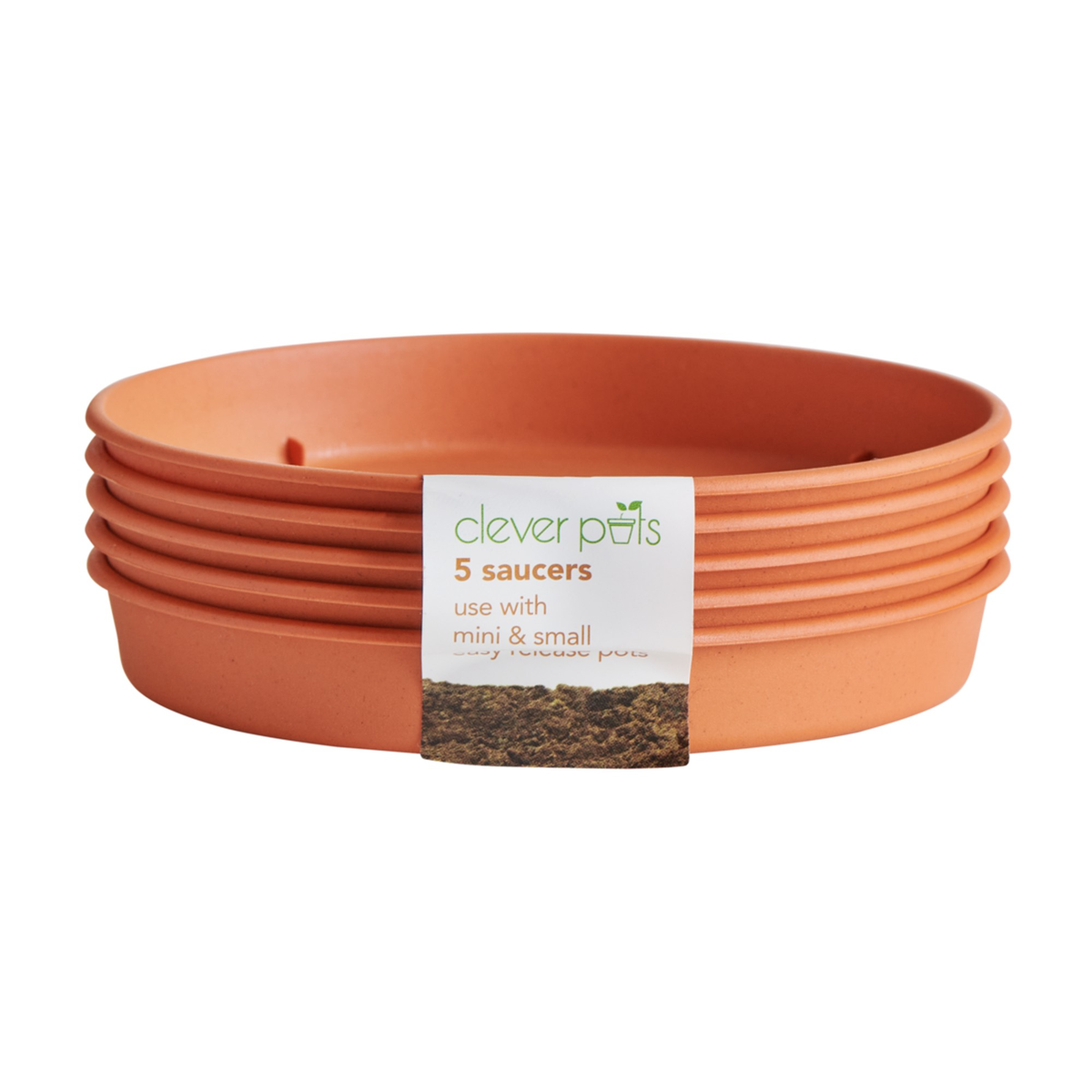 Pack of five Clever Pots 9cm terracotta saucers, view 3