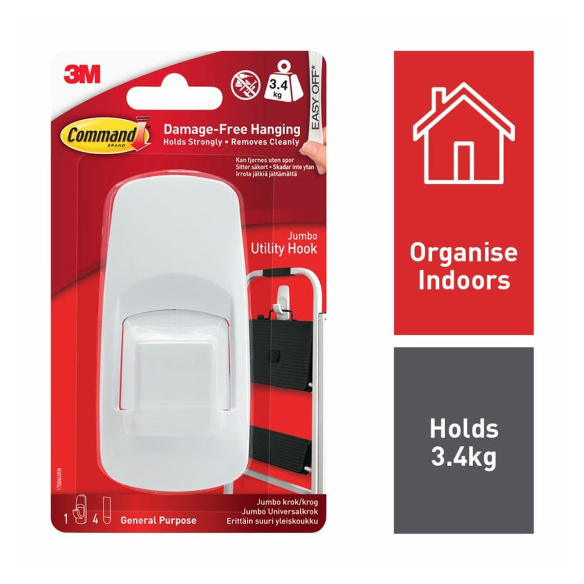 Command Jumbo utility hook in white with 4 large strips