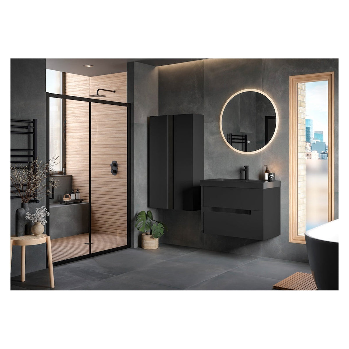 Contrast wall hung 2 drawer basin unit and tall wall unit