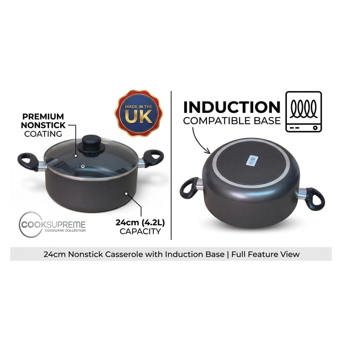 CookSupreme 24cm non stick casserole pot with glass lid, view 4