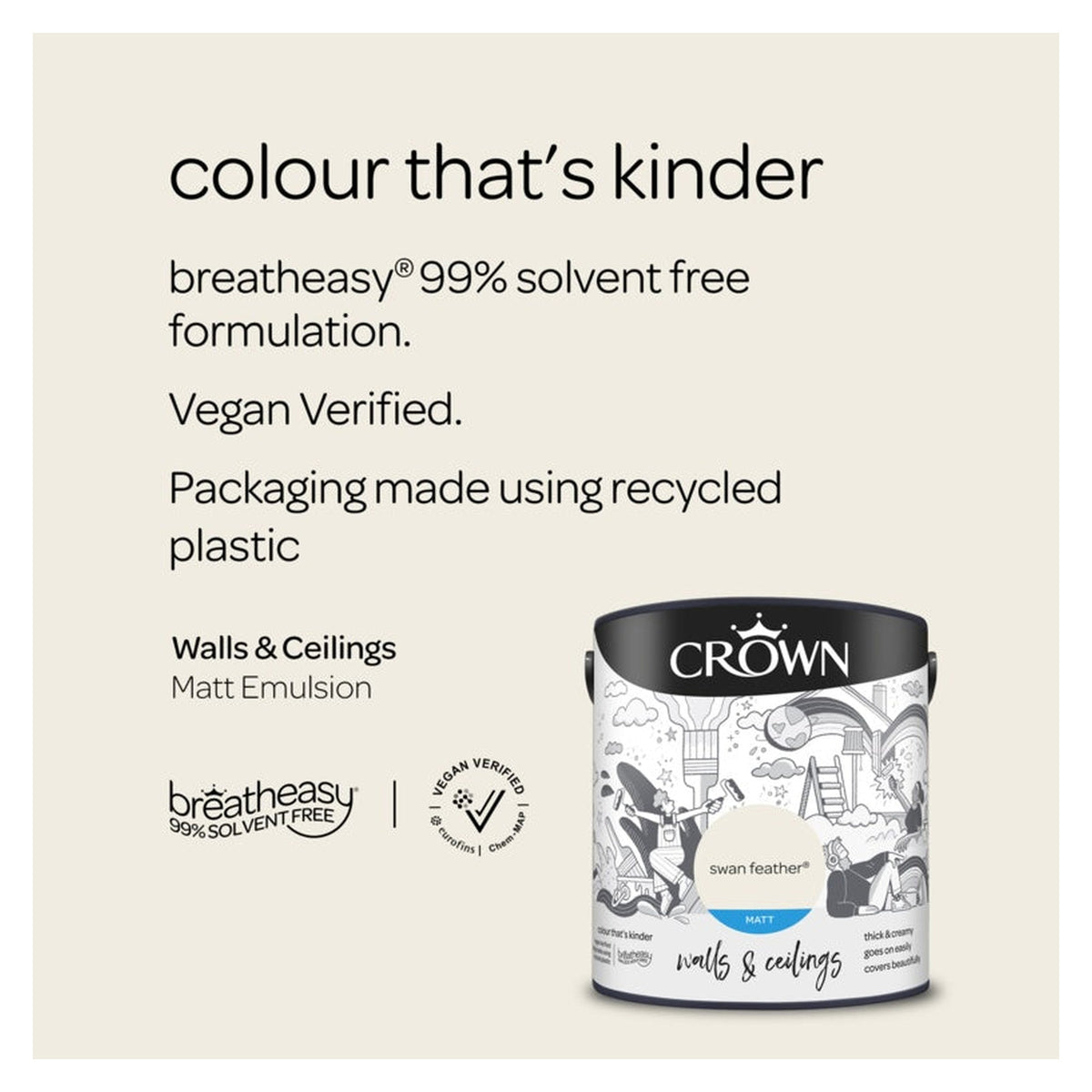 Crown Walls and Ceilings Matt 2.5L tin in Swan Feather, view 2