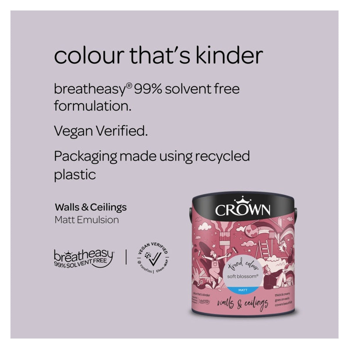 Crown Walls & Ceilings Matt Emulsion 2.5L tin in Soft Blossom, view 4
