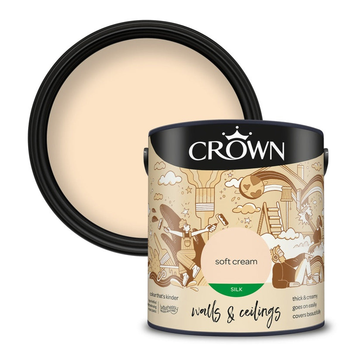 Crown Walls & Ceilings Silk Emulsion 2.5L tin in Soft Cream