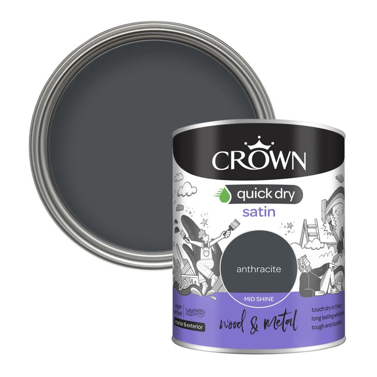 Crown Wood and Metal Quick Dry Satin 750ml tin in Anthracite